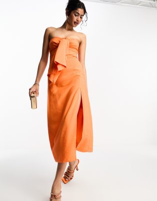 Asos Design Washed Folded Bandeau Midi Dress In Orange