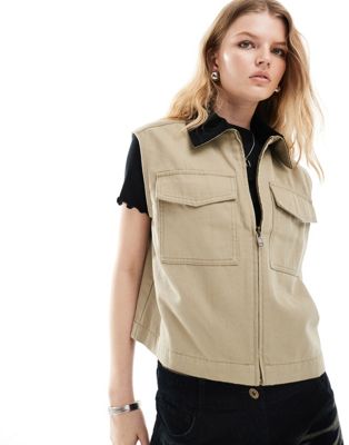 ASOS DESIGN washed gilet with cord collar in stone