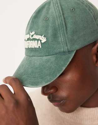 Asos Design Washed Green Cap With Embroidery In Green