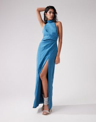 ASOS DESIGN washed halterneck maxi dress with twist strap back detail in ink blue