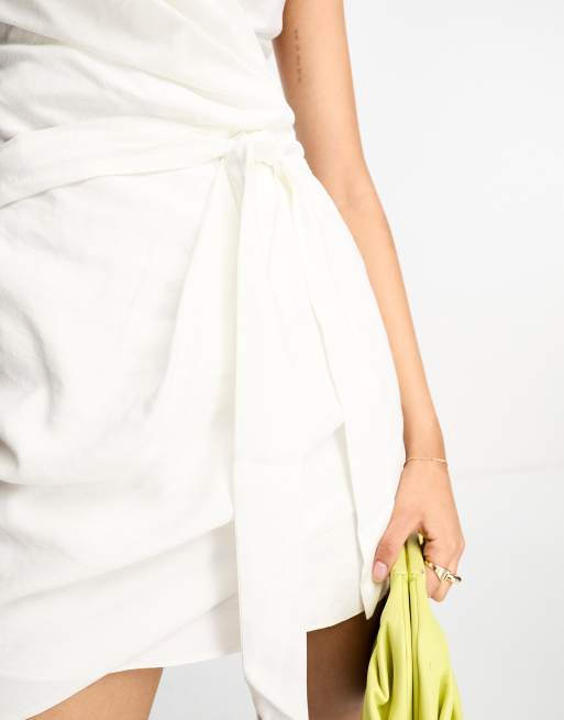 ASOS DESIGN washed halterneck tie waist mini dress in white | ASOS
