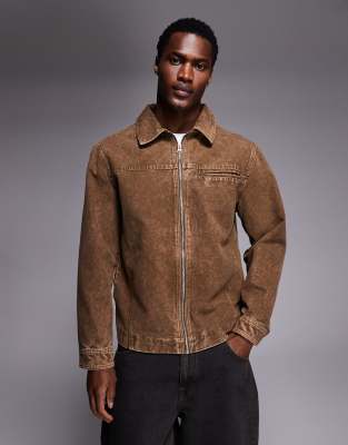 Asos Design Washed Harrington Jacket In Brown