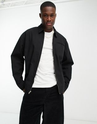 ASOS DESIGN washed harrington jacket with cord collar in black | ASOS