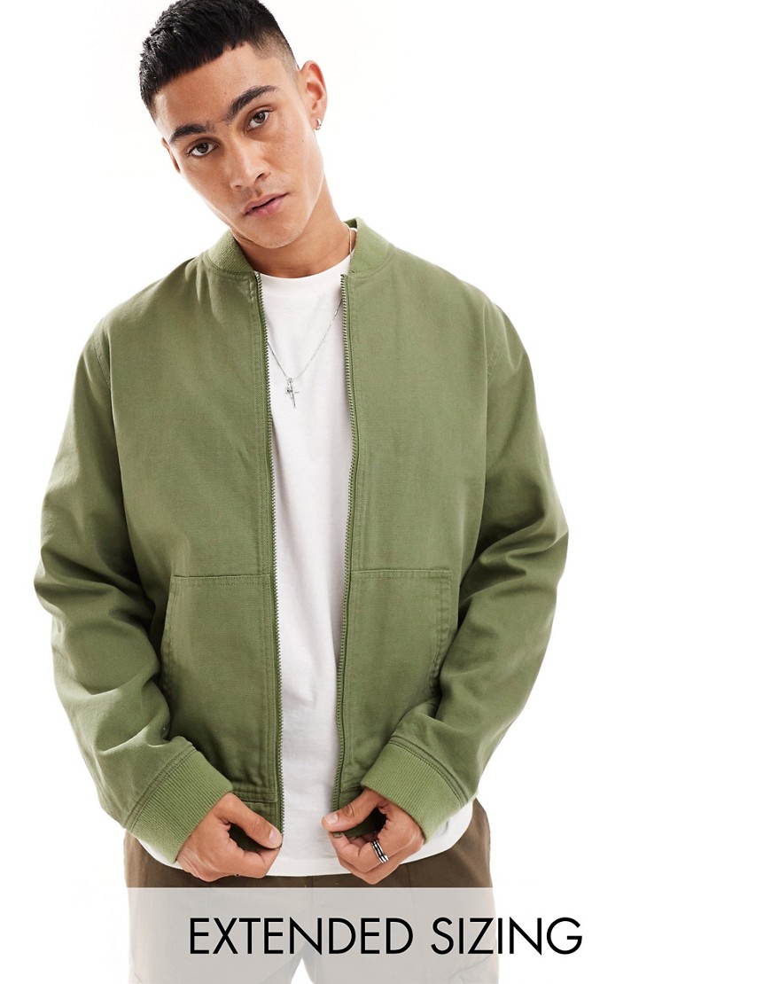 ASOS DESIGN washed harrington jacket with cord collar in khaki-Green