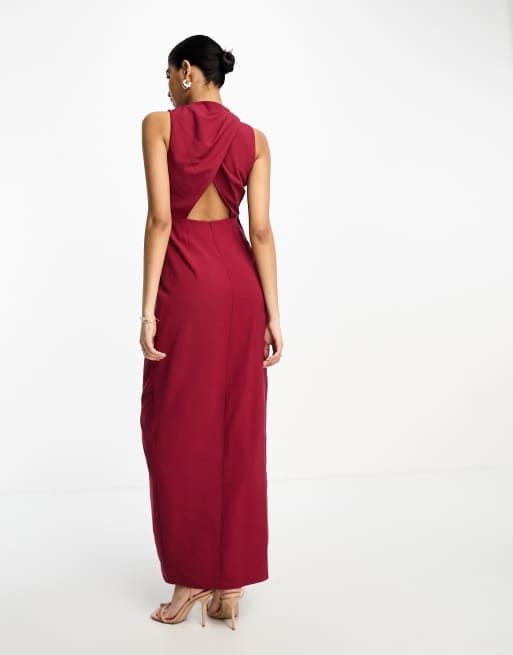 ASOS DESIGN satin high neck drape maxi dress with open back and high split  in wine