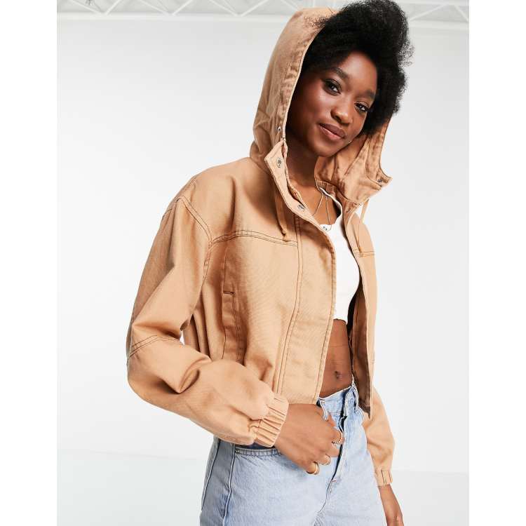 ASOS DESIGN washed hooded cropped jacket in coral