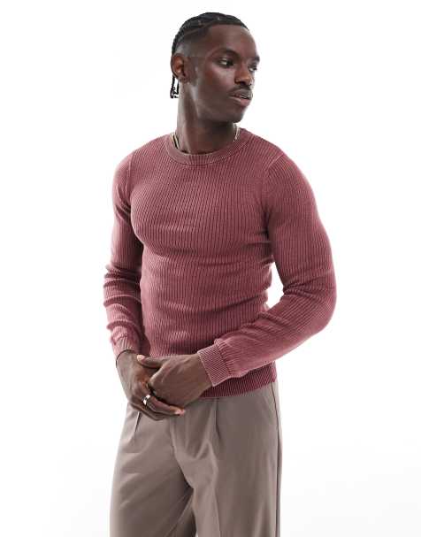 ASOS DESIGN washed knitted muscle rib crew neck jumper in burgundy  