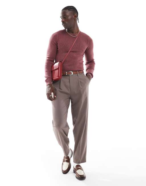 ASOS DESIGN washed knitted muscle rib crew neck jumper in burgundy  , 4 of 4