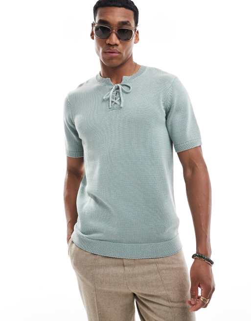 ASOS DESIGN washed knitted t-shirt in blue with lace up detail, 2 of 4