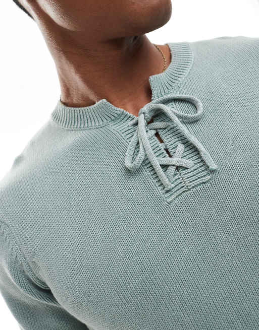 ASOS DESIGN washed knitted t-shirt in blue with lace up detail, 4 of 4