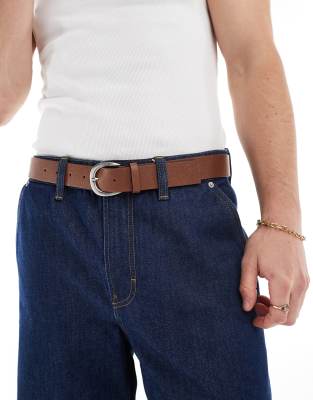 washed leather brown belt with silver buckle