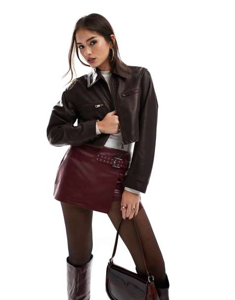 ASOS DESIGN washed leather look harrington jacket in burgundy - view 1