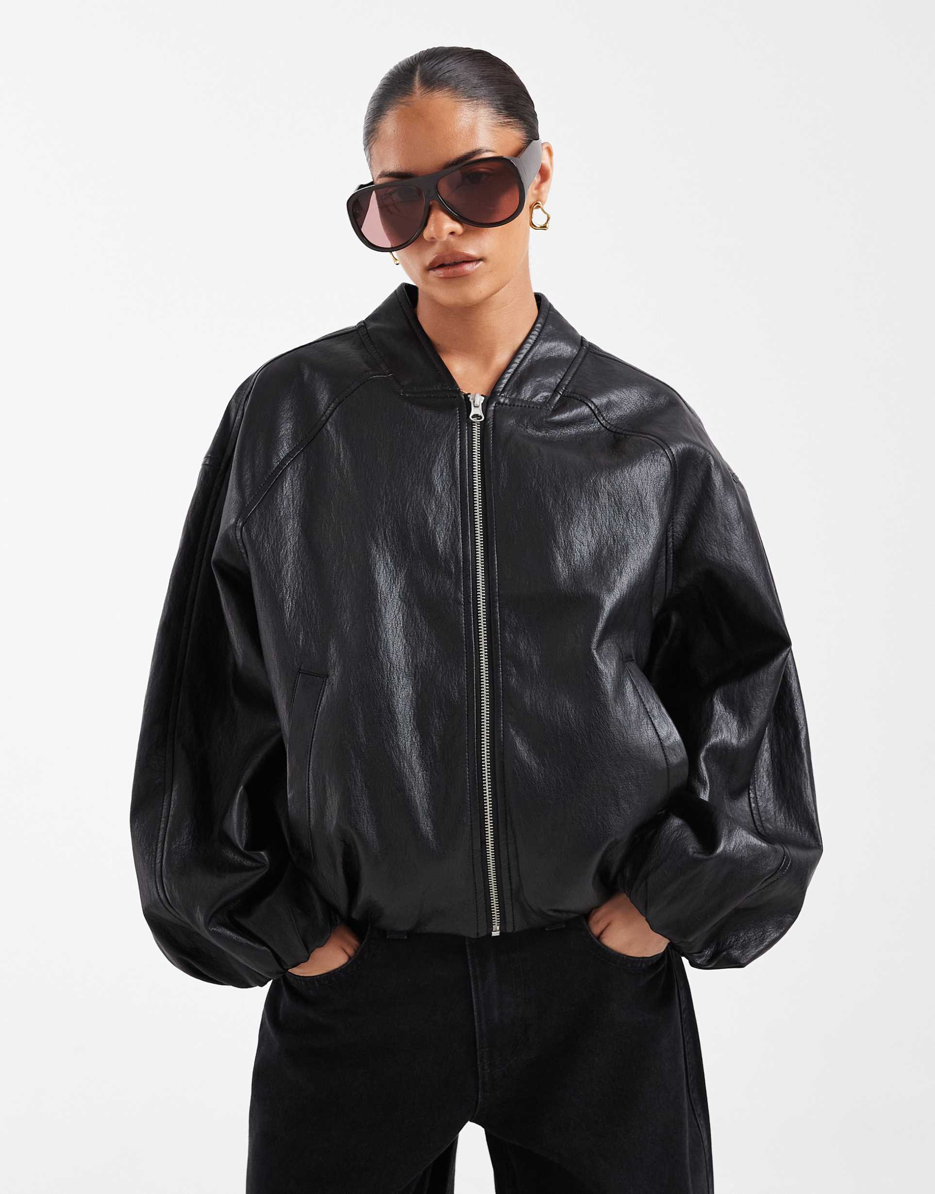 asos design washed leather look oversized bomber jacket in washed black