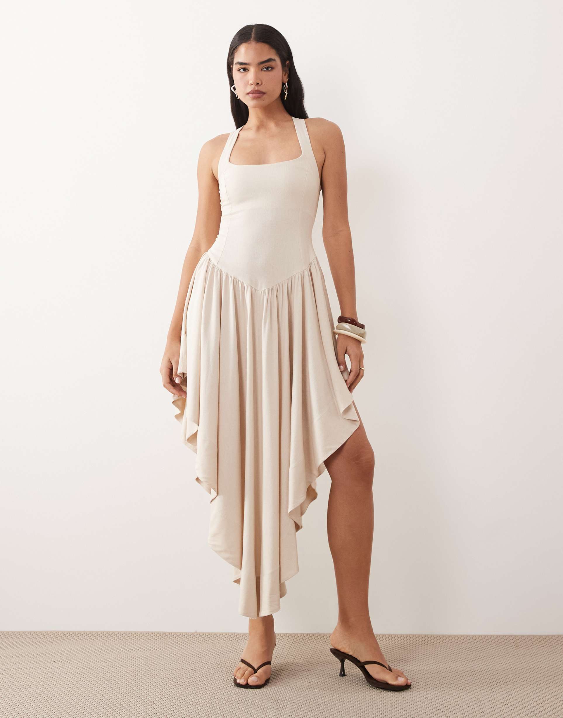 asos design washed linen blend wide halter neck maxi dress with volume skirt in off white