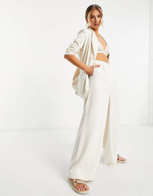 ASOS DESIGN washed linen suit wide leg pants in beige ASOS