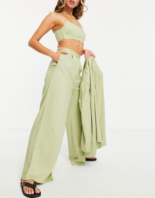 ASOS DESIGN washed linen suit wide leg trouser in green