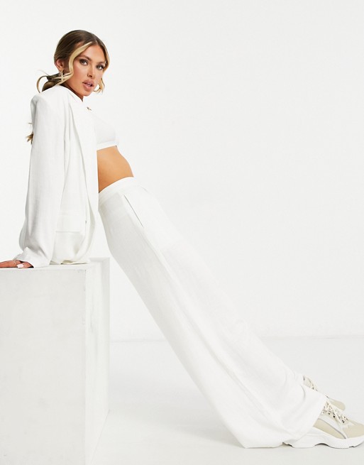 ASOS DESIGN washed linen suit wide leg trouser in white