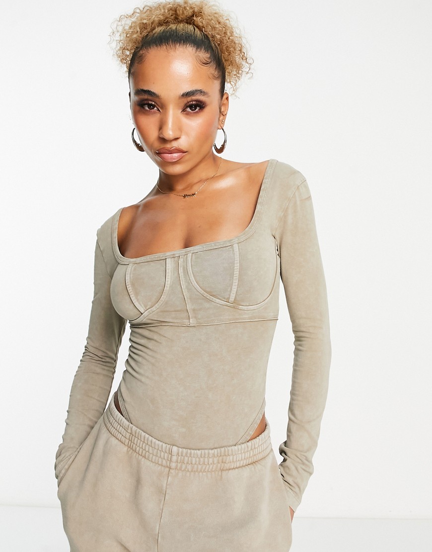 ASOS DESIGN washed long sleeve seamed bodysuit in pebble-Neutral