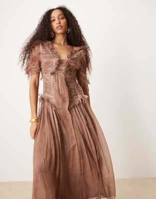 Asos Design Washed Midi Dress With Ruched Detailing In Light Brown-pink