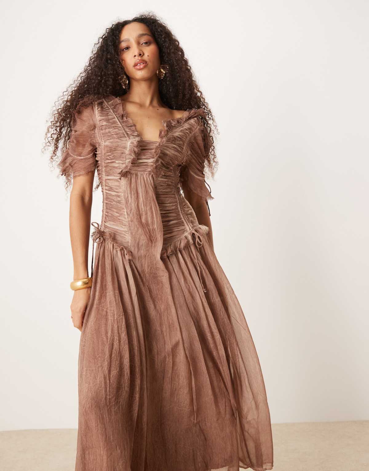 ASOS DESIGN washed midi dress with ruched detailing in light brown