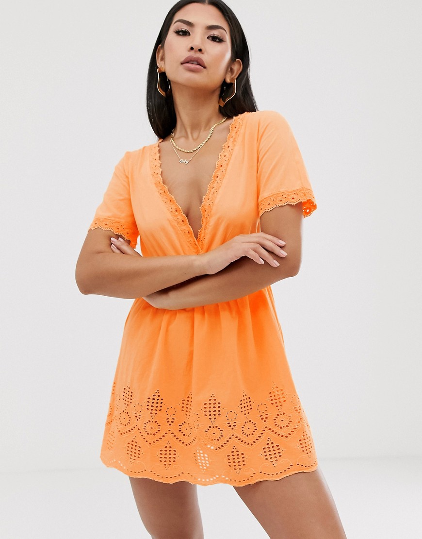ASOS DESIGN washed neon peach broderie milkmaid beach dress-Yellow