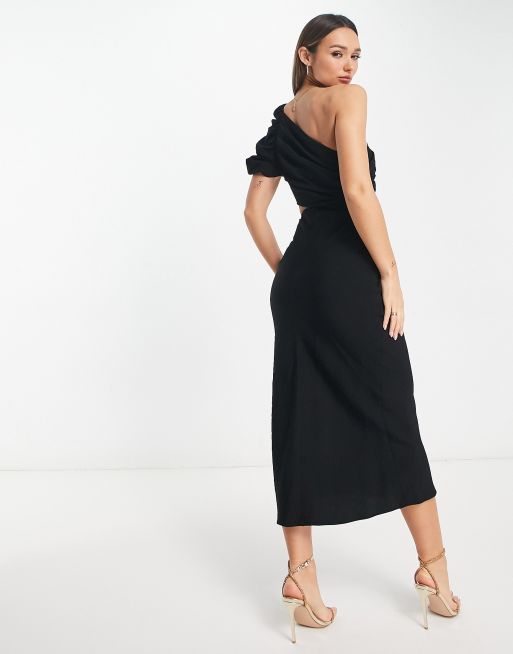 ASOS DESIGN pleated shoulder pencil dress in black