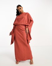 ASOS DESIGN Maternity batwing sleeve velvet midi dress in camel