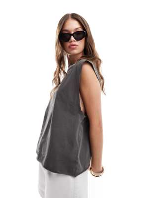 Shop Asos Design Washed Oversized Tank Top With Dropped Arm Holes In Washed Charcoal Gray