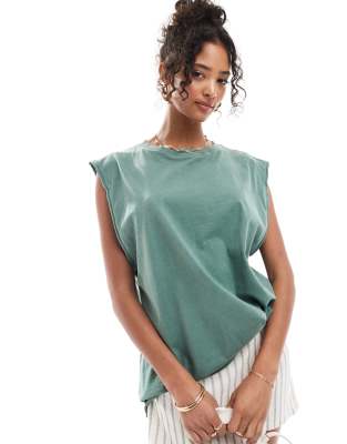 Asos Design Washed Oversized Tank With Drop Arm Hole In Washed Sage-green