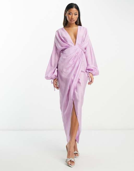 ASOS DESIGN washed plunge midaxi dress with draping detail in lilac