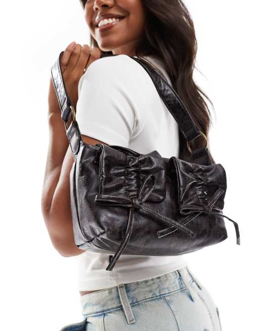 ASOS DESIGN washed pocket front ruched shoulder bag in black | ASOS