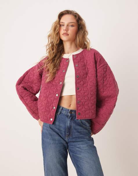 ASOS DESIGN washed quilted jacket with cocoon sleeve in washed burgundy - view 1