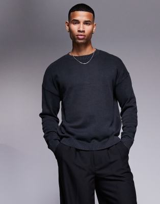 ASOS DESIGN washed relaxed knit crew neck sweater in black - view 1