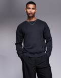 [ASOS DESIGN] ASOS DESIGN washed relaxed knitted crew neck jumper in black 2XL BLACK