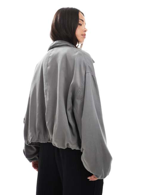 ASOS DESIGN washed ruched funnel neck jacket in charcoal
