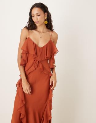Asos Design Washed Satin Cami Maxi Dress With Chiffon Mix Ruffles And Full Hem In Brown