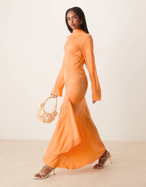ASOS DESIGN washed satin cowl neck maxi dress with lace details in orange - view 1