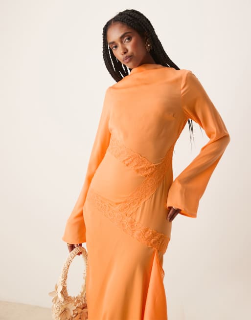 ASOS DESIGN washed satin cowl neck maxi dress with lace details in orange