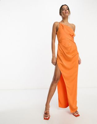 ASOS DESIGN washed satin one shoulder high split maxi dress with twist detail in orange | ASOS