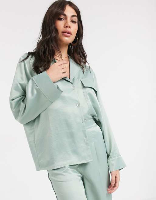 ASOS DESIGN washed satin two-piece in sage, 2 of 3