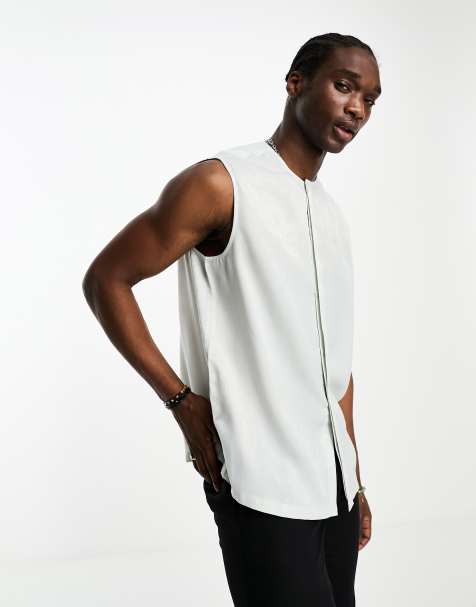 ASOS DESIGN washed satin sleeveless shirt in pale gray - view 1