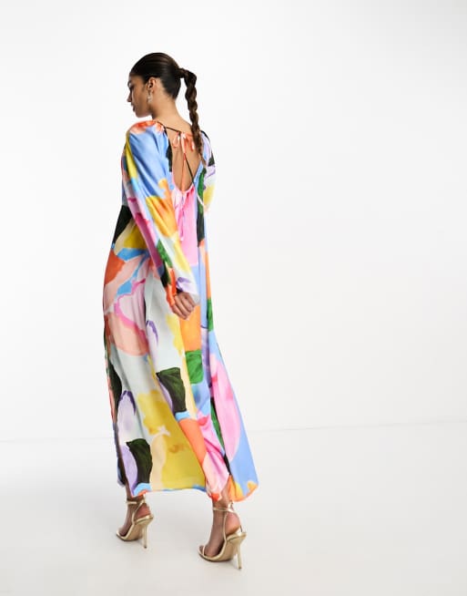 ASOS DESIGN washed satin volume sleeve midaxi dress in abstract print