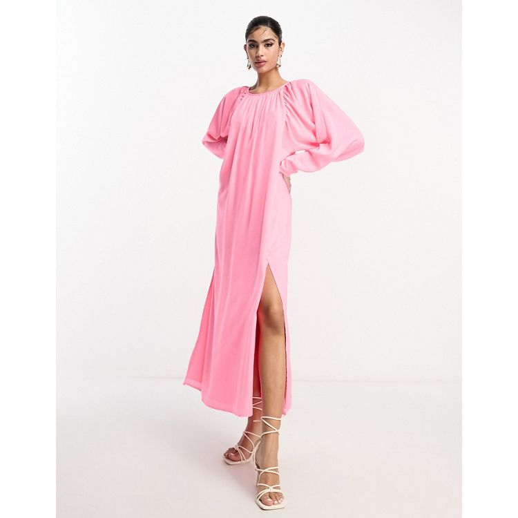 ASOS DESIGN washed satin volume sleeve midaxi dress in fluro pink