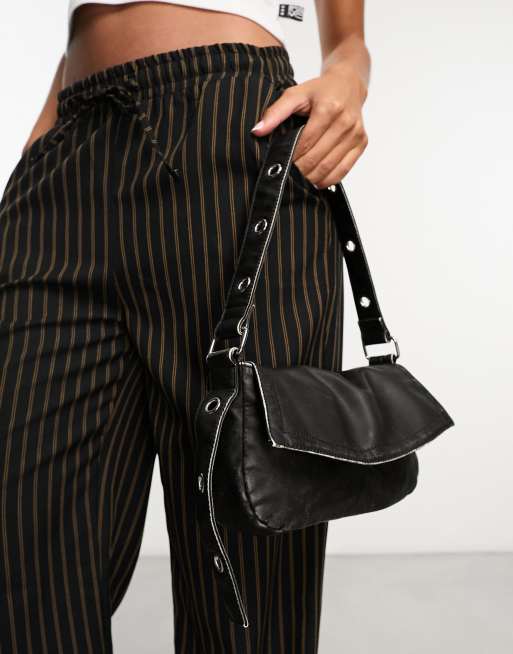 ASOS DESIGN ruched shoulder bag in black with chunky gold chain