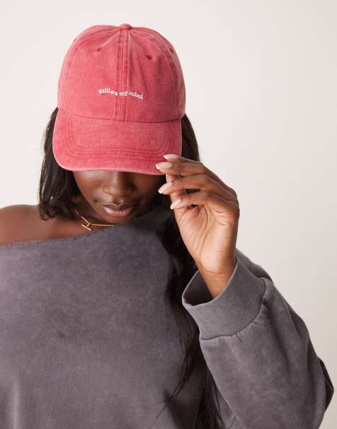 ASOS DESIGN washed still on my mind embroidered slogan cap in red - view 1