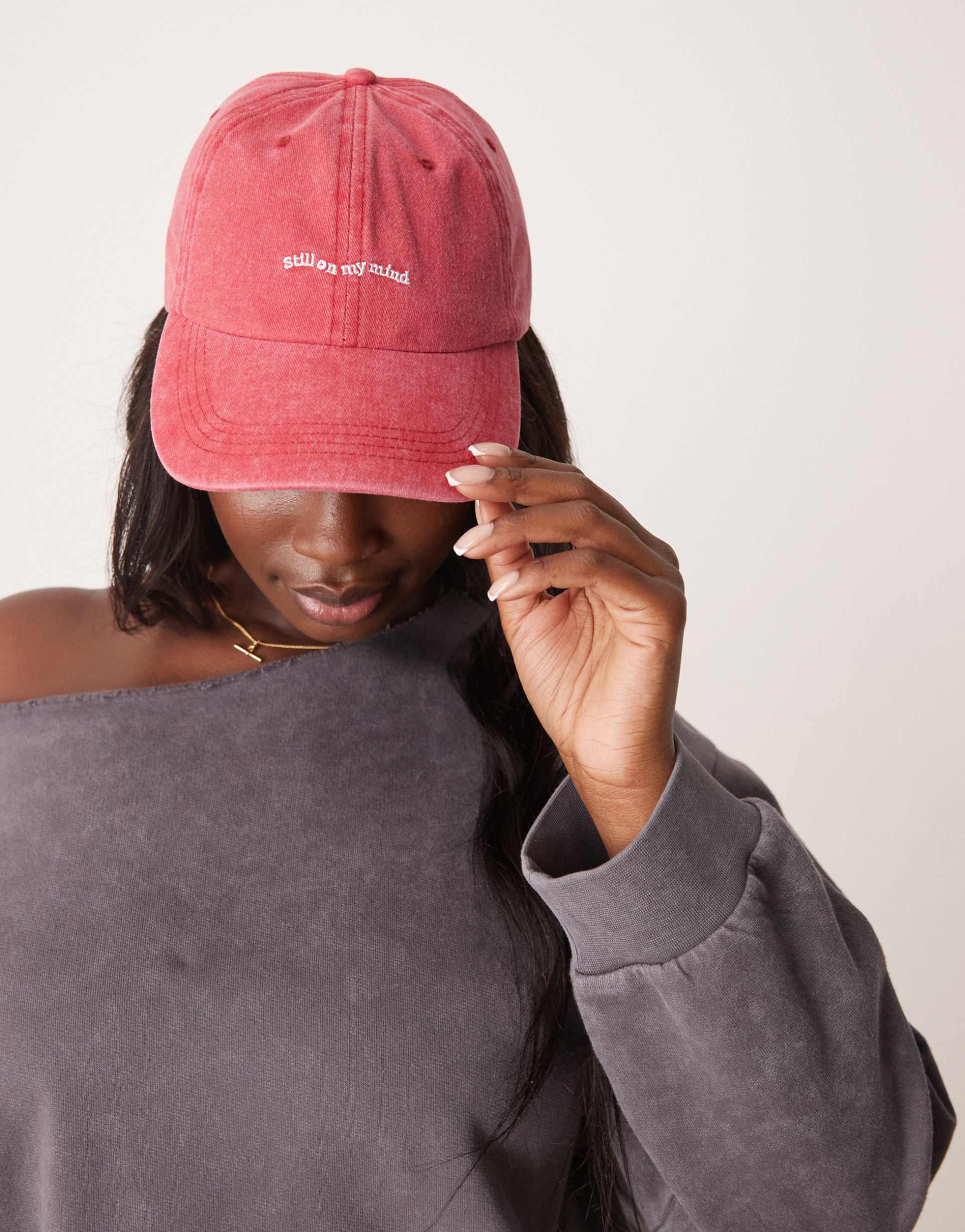 asos design washed still on my mind embroidered slogan cap in red