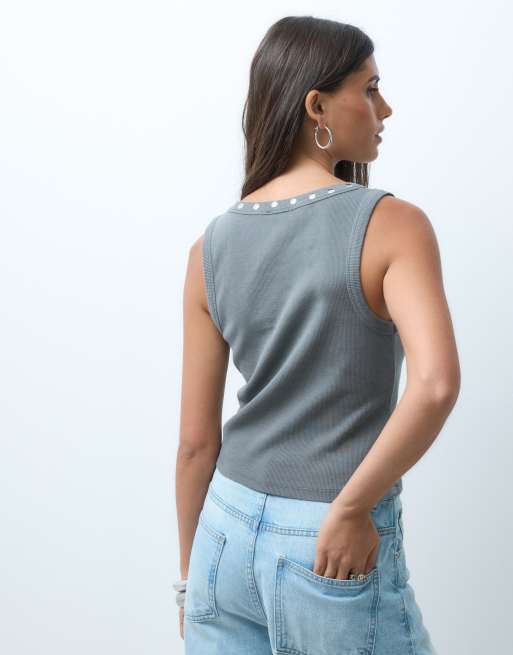 ASOS DESIGN washed stud trim racer vest in charcoal, 3 of 4