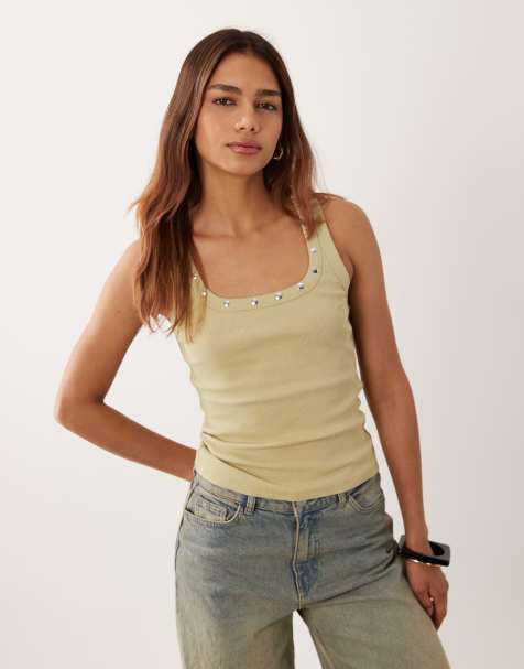 ASOS DESIGN washed studded trim racer neck tank top in khaki green - view 1