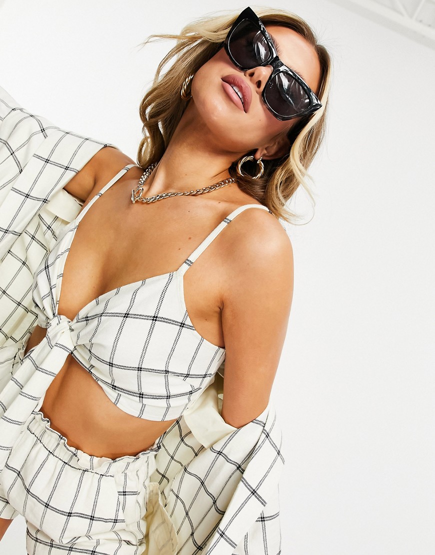 ASOS DESIGN washed tie front linen suit crop top in grid check-Multi