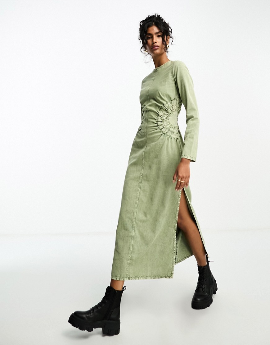 Asos Design Washed Twill Midi Dress With Circle Side Detail In Acid Wash Green